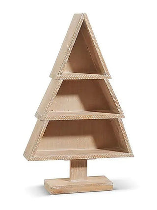 Wood tiered stand shaped like a tree, with three open shelves and a rectangular base.