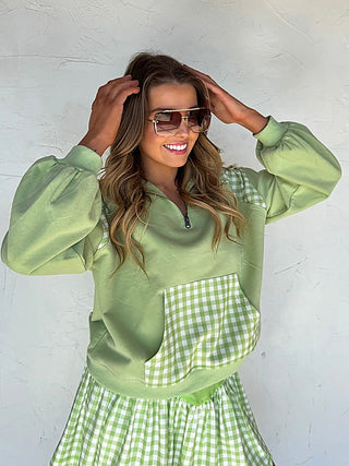 Green cotton-blend quarter-zip long-sleeve sweatshirt with gingham front pouch pocket