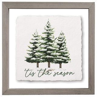 Wood frame sign with evergreen trees and text "Tis the season"