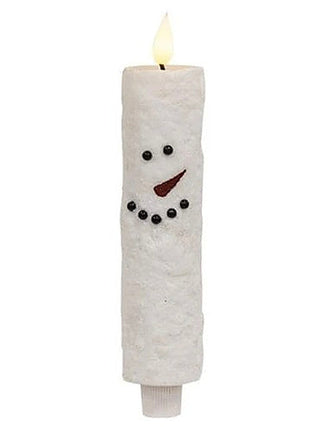 Snowman face taper LED candle with warm flame, white wax, faceted eyes and smile