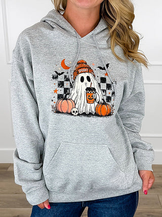 Too Cool to Spook Cotton Blend Long Sleeve Grey Avery Mae Graphic Hoodie Sweatshirt (Gildan) | Avery Mae Boutique