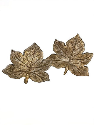 Wood leaf decor set with three gold-tone leaf-shaped pieces