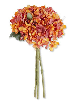 Two-tone hydrangea bundle with orange and pink blooms, green leaves, two stems