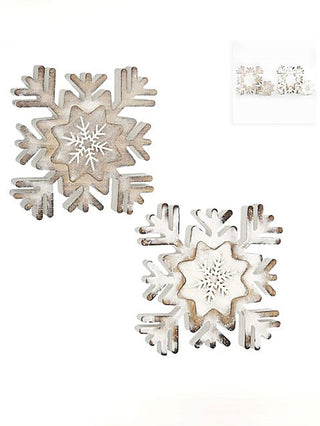 Carved wood snowflake wall decor set, natural finish with engraved star snow detail