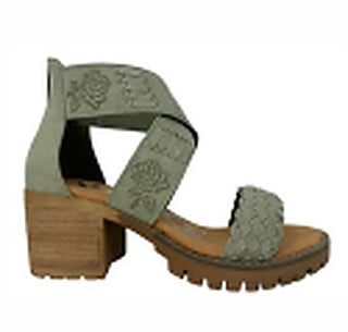 Sage faux suede block-heel sandals with ankle strap and platform sole