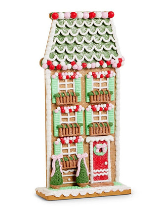 Victorian gingerbread house clay decor ornament with green, red, and candy details