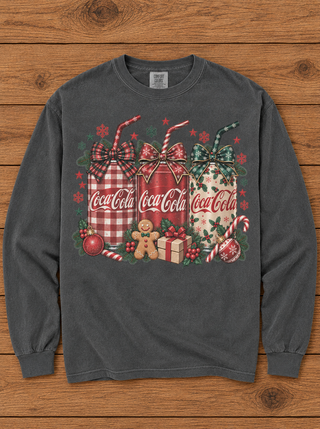 Dark gray long-sleeve tee with a Coca-Cola holiday can graphic