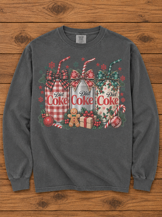 Dark gray long-sleeve tee with a Diet Coke holiday can graphic
