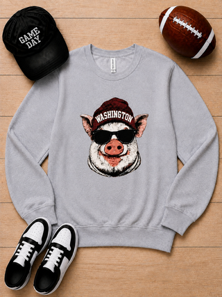 Grey long sleeve crewneck sweatshirt with Washington graphic dog wearing an eye-patch beanie.