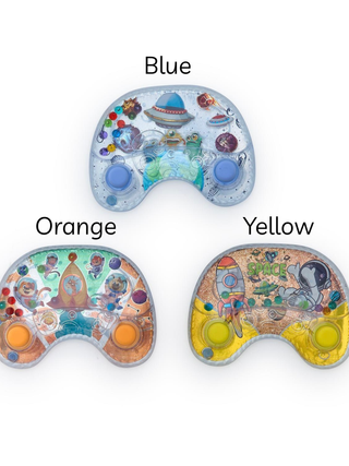Stellar Splash water game splash pads in blue, orange, and yellow, space design