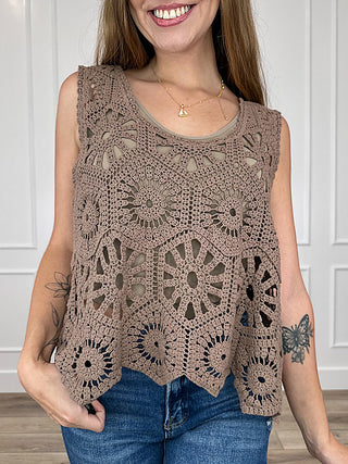 Brown crochet tank top with scalloped lacework and wide scoop neckline