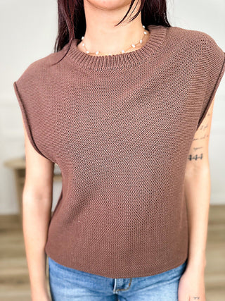 Brown knit sweater top with cap sleeves and ribbed crew neck