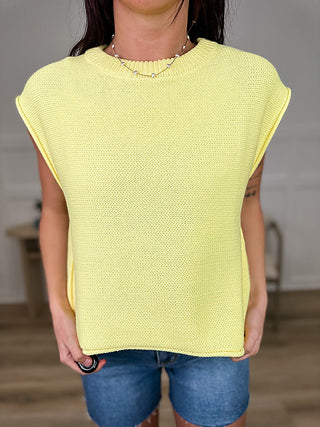 Yellow knit sweater top with cap sleeves and ribbed crew neck