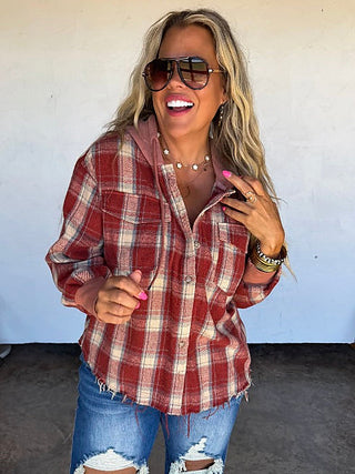 What's Your Plan Flannel Long Sleeve Avery Mae Button Up Hooded Shacket - Multiple Colors (view 6) | Avery Mae Boutique