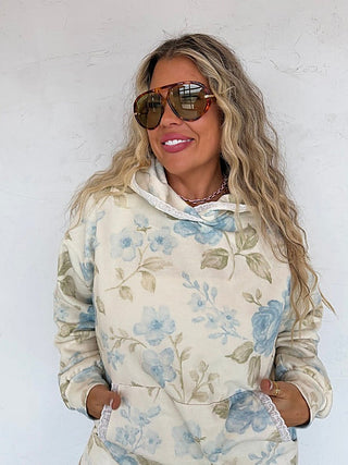 Cream floral long-sleeve hoodie sweatshirt with front pocket and drawstring hood