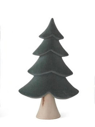 Dark green velvet decorative tree with stepped tiers on tan conical base