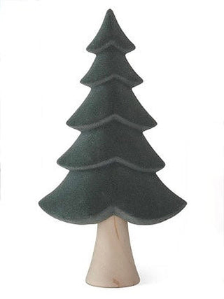 Dark green velvet tree ornament with layered branches on tan base cone