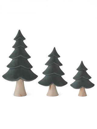 Velvet tree decor set of 3: dark green trees on tan bases