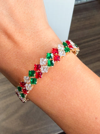 Christmas wrap bracelet with red, green, and clear crystal accents