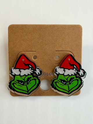 WHIT Grinch face earrings, red hat and green with white beard
