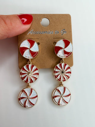 Peppermint dangle earrings with red and white glittery circular charms