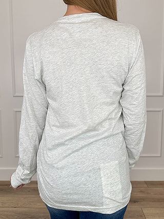Grey long-sleeve T-shirt with plain back and curved hem