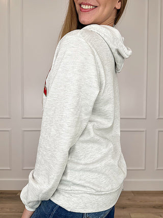 Light grey pullover hoodie with kangaroo pocket and drawstring hood, side view