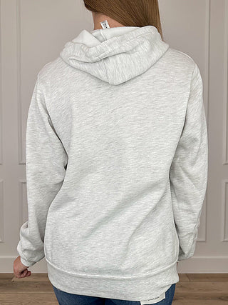 Light grey pullover hoodie with drawstring hood, back view; no graphic shown