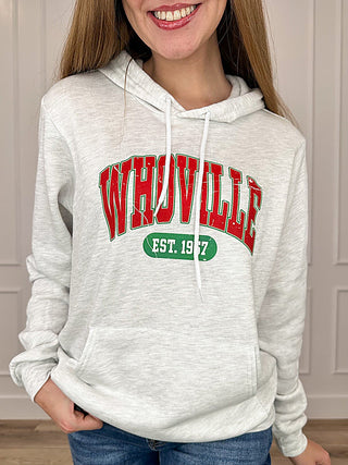 Light grey cotton-blend graphic pullover hoodie with 'Whoville' design and hood