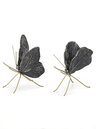 Resin wing decor set with two dark gray feathered wings and gold wire stems