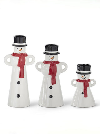 Ceramic snowman candle holders set of 3, red scarf, black hat tops, no candles