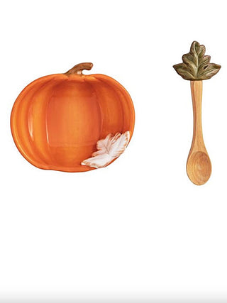 Orange pumpkin ceramic dip bowl with leaf-handled serving spoon