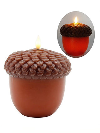 Orange LED candle with pebble-textured lid and glowing flame.