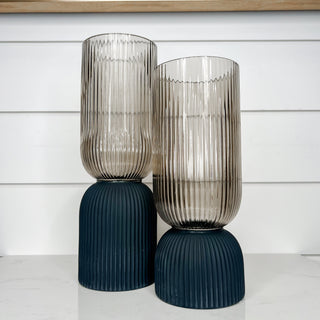 Set of two ribbed glass vases with navy ribbed base