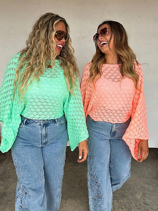 Mint and coral knit cropped sweaters, long-sleeve textured openwork and wide sleeves