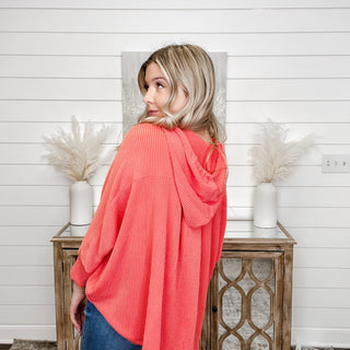 This is Happening Ribbed Dolman Sleeve Coral Button Up Hooded Top