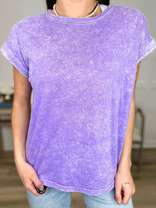 Purple short-sleeve cotton crewneck top, loose fit with washed speckled texture