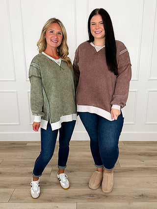 V-neck long sleeve weekender top, green and brown with white banded trim