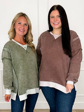 Long sleeve weekender top, green and brown with contrasting white hem and cuffs